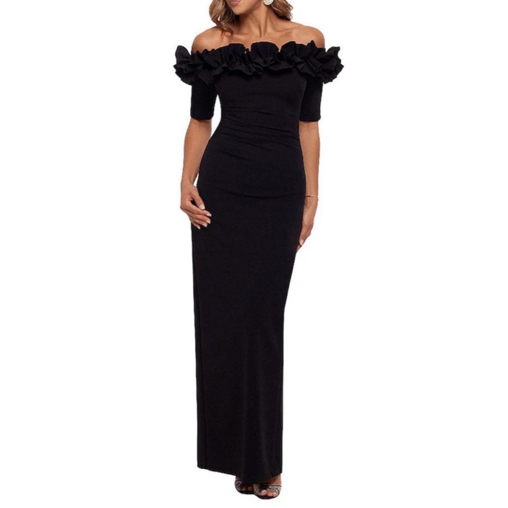 XSCAPE Black Off-The-Shoulder Ruffle Maxi Dress